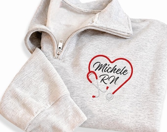 Medical Heart Stethoscope Embroidered Quarter Zip Sweatshirt, Custom Nurse Pullover, RN CNA LPN Gift, Healthcare Worker Apparel