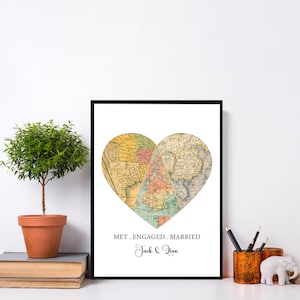 Personalized Map Heart Wall Art, Framed Canvas Met Engaged Married Wall Decor, Bridal Shower, Engagement Wedding Anniversary Gift for Couple