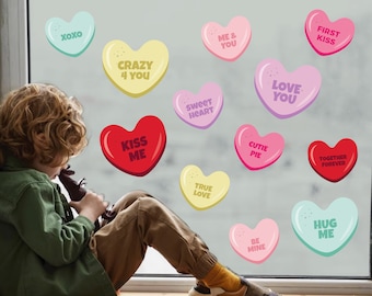 12Pcs Valentine's Day Candy Heart Decorations Window Cling Vinyl Stickers Conversation Heart Decal Clear Removable Repositionable Waterproof