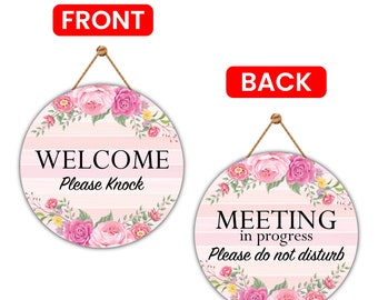 Meeting Do Not Disturb Door Sign 12", Double Sided Easy to Mount PVC Welcome Please Knock Hanging Sign, In a Meeting Sign for Office, Hotels