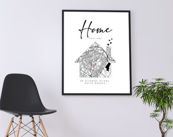 Personalized Home Map Wall Art, Framed Canvas Wall Decor, Our First Home Housewarming Gift, New Home Gift for Couple, Custom House Map Décor