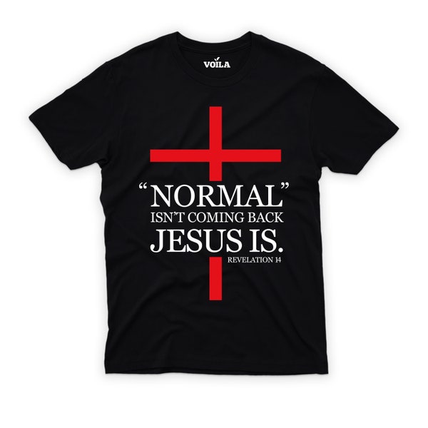 Normal Isn't Coming Back Jesus Is T-Shirt For Men, Revelation 14 Women V Neck Shirt, Religious Shirt For Kids, Unisex Revelation 14 T-Shirt