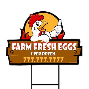 Farm Fresh Eggs Yard Sign Personalized 18&quot; x 12&quot; - Visible Text Custom Farm Fresh Eggs for Sale Sign with Metal H-Stake