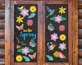 Hello Spring Decorations Window Cling Vinyl Stickers Hummingbirds Flowers Window Decal Clear Vinyl Removable, Repositionable Waterproof Sign
