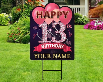 13th Birthday Yard Sign Decorations 18" x 24" - Coroplast 13 Year Old Birthday Party Happy Thirteen Birthday Yard Decor with Metal H-Stake