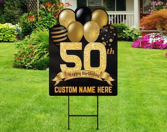 50th Birthday Yard Sign Decorations 18" x 24" - Coroplast 50 Year Old Birthday Party Happy Fifty Birthday Yard Decor with Metal H-Stake