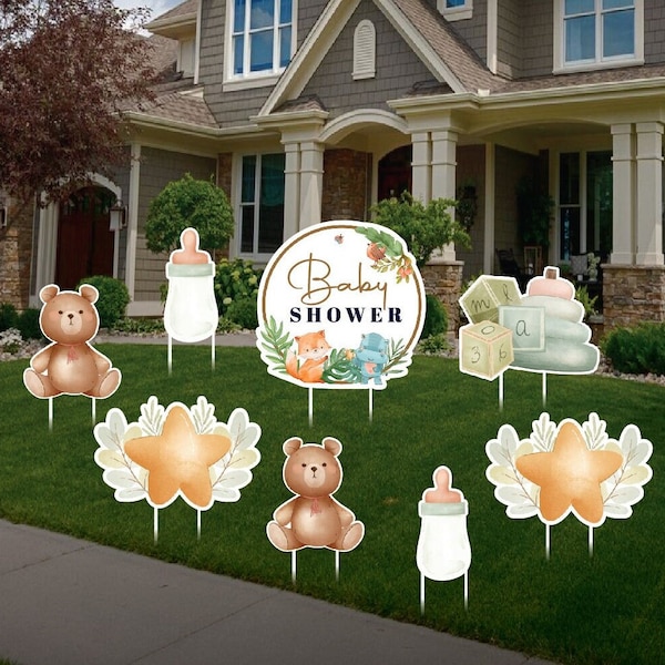 Baby Shower Yard Sign Decorations Cutouts, Greenery Baby Shower Outdoor Lawn Decorations Botanical Baby Shower Yard Signs With Metal Stakes