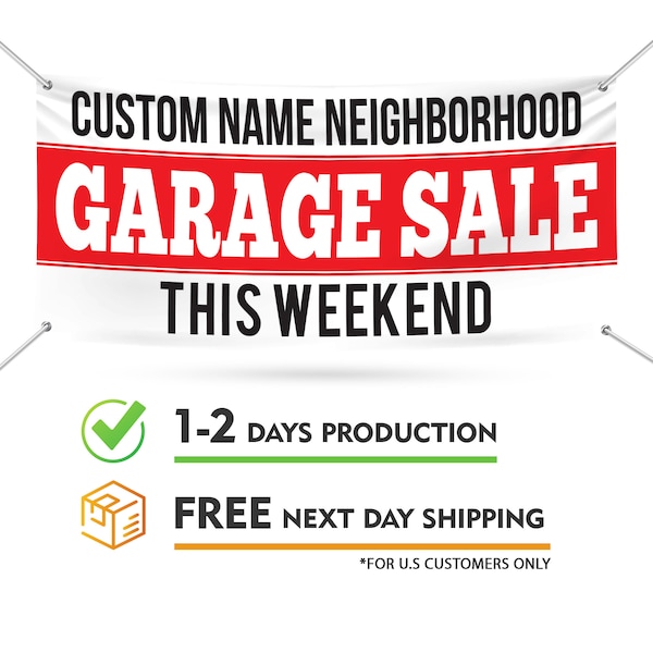 Neighborhood Garage Sale Banner Sign - 13 oz Heavy Duty Waterproof Garage Sale Vinyl Banner with Metal Grommets