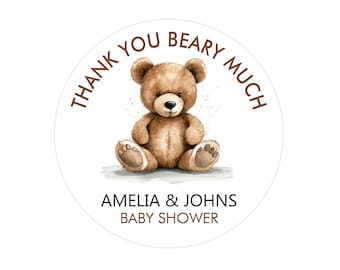 Personalized Thank You Beary Much Stickers, Custom Teddy Bear Stickers, Baby Shower Labels, Round Baby Shower Party Favors, Gift Sticker
