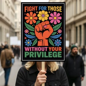 May include: A protest sign with the text "FIGHT FOR THOSE WITHOUT YOUR PRIVILEGE" in colorful letters. The sign features a raised orange fist, surrounded by flowers in orange, yellow, and pink. The background is a blurred street scene.