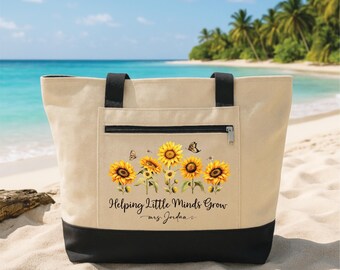 Teacher Sunflower Tote Bag with Zipper, Personalized Name Teacher Gift, Helping Little Minds Grow Bag, Back to School Work Travel Tote