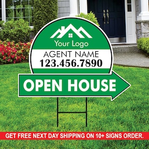 Custom Open House Arrow Yard Sign 18&quot; x 24&quot;, 2 Sided Add Your Text, Logo, Photo Personalized Open House Directional Signs with Metal H-Stake