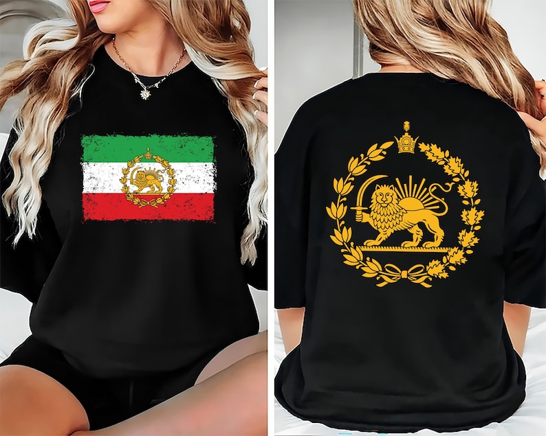 May include: Black t-shirt featuring the Iranian flag on the front, with green, white, and red stripes and a central emblem. The back of the shirt displays a gold emblem of a lion holding a sword within a wreath.