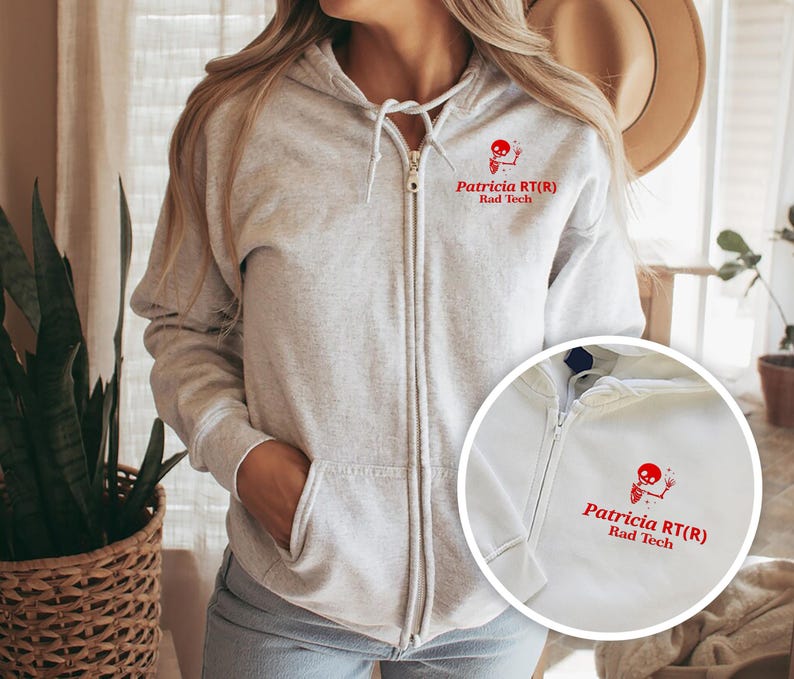 Embroidered Personalized X-Ray Zip-Up Hoodie, Radiology RT Fleece Hooded Sweatshirt, Rad Tech Hoodie, X-Ray Tech, Skeleton Radiographer Gift immagine 1
