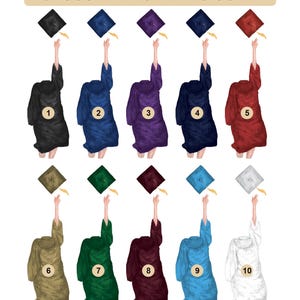 May include: Ten different academic gown designs, numbered 1 through 10, with a graduation cap thrown in the air above each gown. The gowns are in various colors, including black, blue, purple, red, gold, green, maroon, light blue, and white.