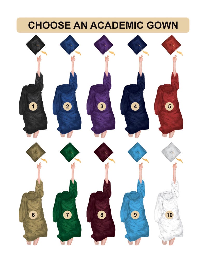 May include: Ten different academic gown designs, numbered 1 through 10, with a graduation cap thrown in the air above each gown. The gowns are in various colors, including black, blue, purple, red, gold, green, maroon, light blue, and white.