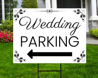 Letrero de flecha para estacionamiento de bodas - Letrero direccional de flecha para despedida de soltera en coroplast, letrero de estacionamiento para bodas con estaca metálica en forma de H