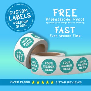 Labels on Roll, Premium Gloss Waterproof Labels, Bulk Custom Sticker Labels, Your Design Logo, Personalized Free Proof Before Printing