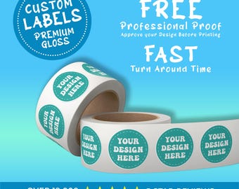 Labels on Roll, Premium Gloss Waterproof Labels, Bulk Custom Sticker Labels, Your Design Logo, Personalized Free Proof Before Printing