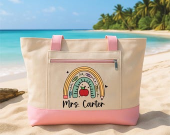 Personalized Teacher Rainbow Tote Bag with Zipper, Custom Name Teacher Gift, Back to School Gift, Classroom Tote, Teacher Appreciation Bag