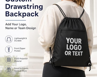 Custom Drawstring Backpack, Personalized Cinch Bag With Logo or Text, Team Sports Bag, School Bag, Party Favor Bag, Gym Backpack Gift