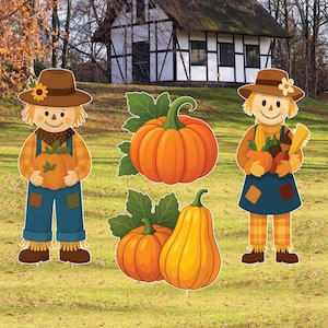 Scarecrow Couple Fall Yard Signs, Thanksgiving Pumpkin Garden Decor, Outdoor Autumn Harvest Lawn Decorations with Gourds and Corn Props