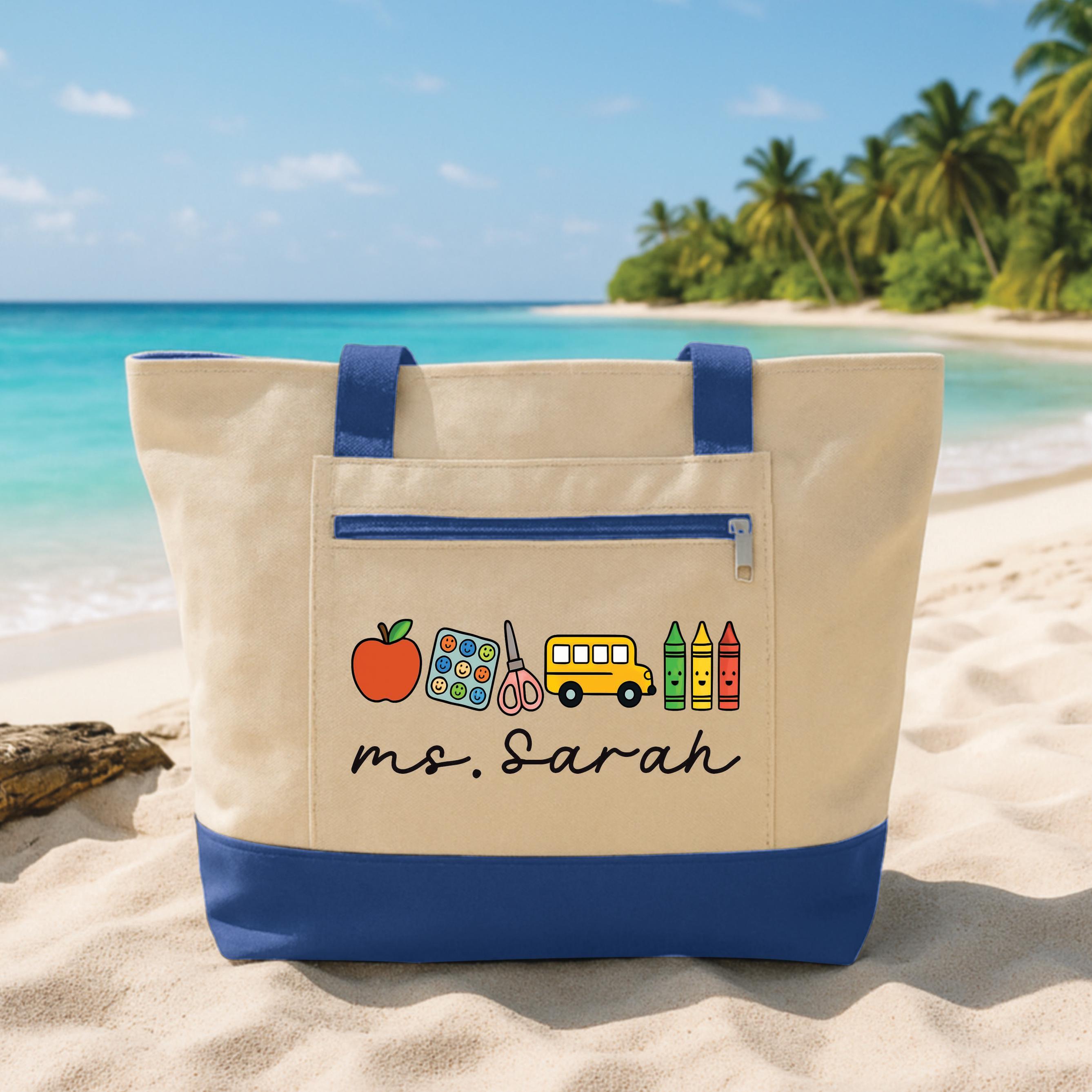 Custom Teacher Tote Bag With Zipper, Personalized Name Teacher Icons ...