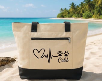 Personalized Dog Mom Tote Bag with Zipper, Pet Name Paw Print Canvas Tote, Custom Heartbeat Dog Lover Gift, Pet Parent Bag, Rescue Dog Tote