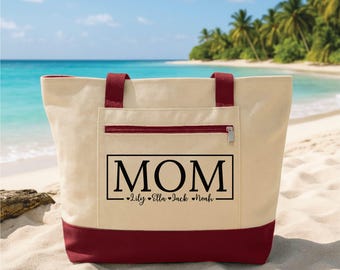 Mom Tote Bag with Zipper, Personalized Kids Names Bag, Custom Mother Gift, Mother's Day Gift, Family Names Tote, Everyday Travel Work Bag