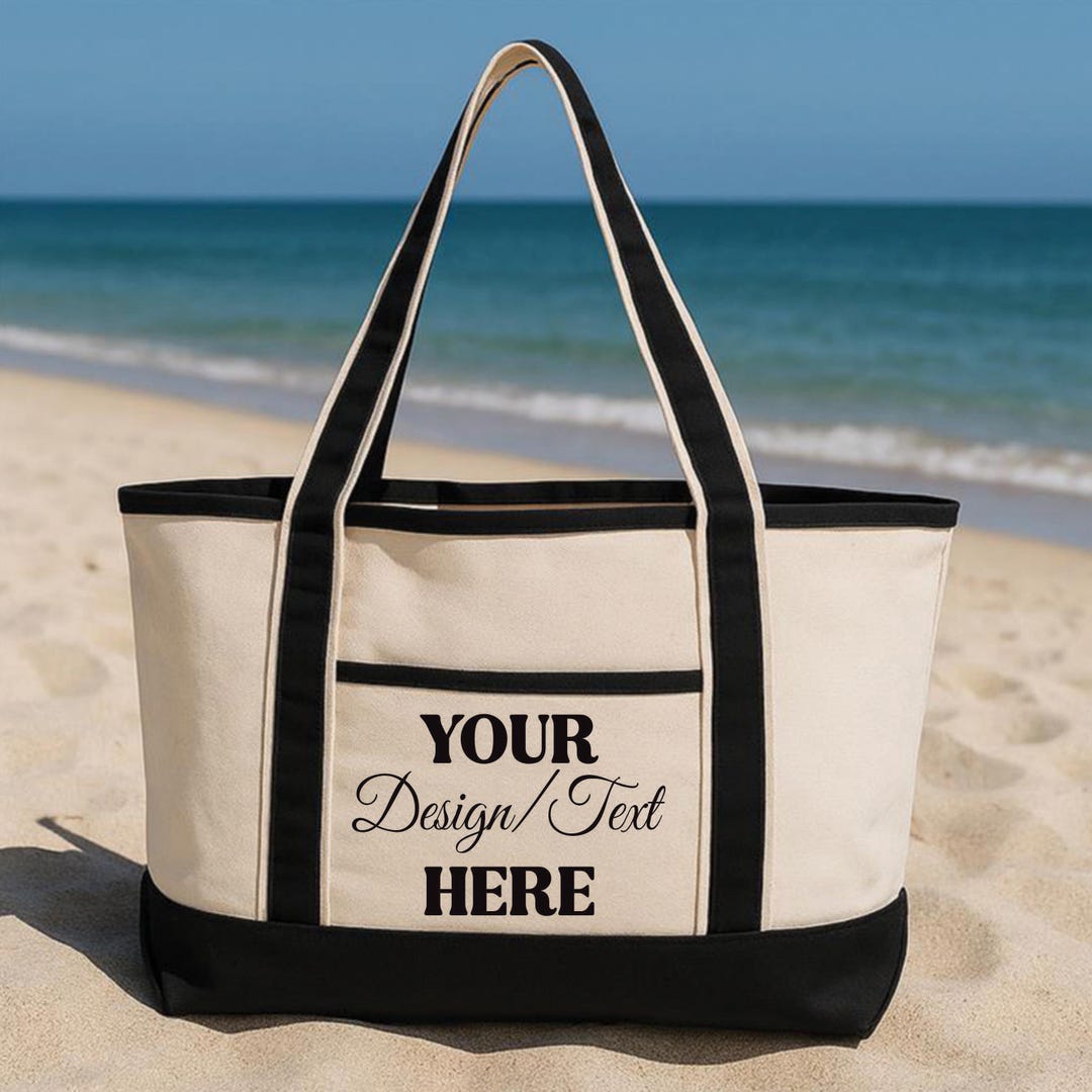 Custom Tote Bag With Pocket, Personalized Text Photo Logo Canvas Beach ...
