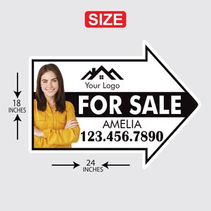 Custom For Sale Arrow Yard Sign 18 x 24, 2 Sided Add Your Text, Logo, Photo Personalized For Sale Directional Signs with Metal H-Stake image 4