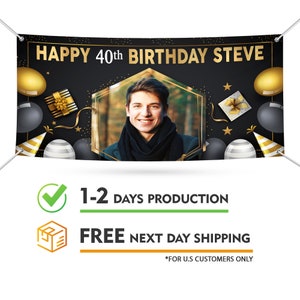 Happy Birthday Banner Sign Personalized - 13 Oz Custom Happy Birthday Backdrop, Black and Gold Birthday Vinyl Banner with Metal Grommets