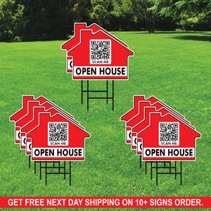 May include: A set of 10 red and white open house signs with a house shape and a QR code that says "Scan Me". The signs are on black metal stakes.