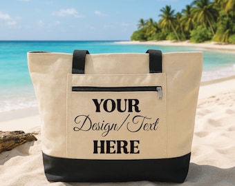 Custom Tote Bag with Zipper, Personalized Text Photo Logo Canvas Beach Bag, Bridesmaid Bachelorette Gift, Lake Boat Trip Tote Bag