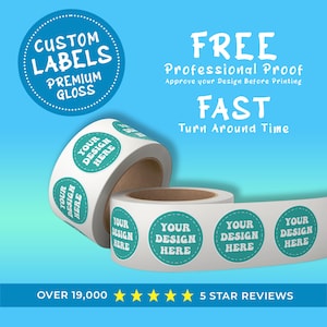 Labels on Roll, Premium Gloss Waterproof Labels, Bulk Custom Sticker Labels, Your Design Logo, Personalized Free Proof Before Printing