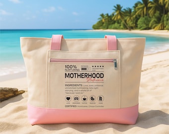 Motherhood Tote Bag with Zipper, Personalized Mom Gift Bag, Custom Mother Definition Tote, Mama Beach Travel Everyday Bag