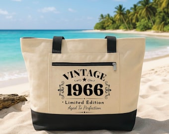 Personalized 1966 Birthday Tote Bag with Zipper, Custom Birth Year Canvas Bag, Vintage Limited Edition Tote, 60th Birthday Gift for Her