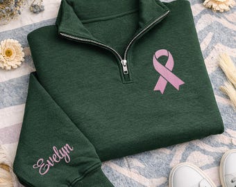 Breast Cancer Awareness Embroidered Quarter Zip Sweatshirt, Pink Ribbon Pullover, Support Survivor Gift, Hope Strength Apparel