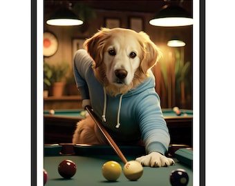 Custom Billiard Player Pet Portrait, Personalized Dog or Cat Painting, Pool Player Gifts for Dog Dad, Sports Game Room Wall Art Decor