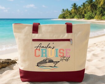 Custom Tote Bag with Zipper, Personalized Cruise Tote, Custom Name Travel Bag, Cruise Vacation Gift, Beach Lake Trip Canvas Tote