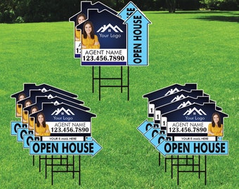 10 Pack Custom Open House Arrow Yard Sign 18" x 24", 2 Sided Add Your Text, Logo, Photo Personalized Directional Signs with Metal H-Stake