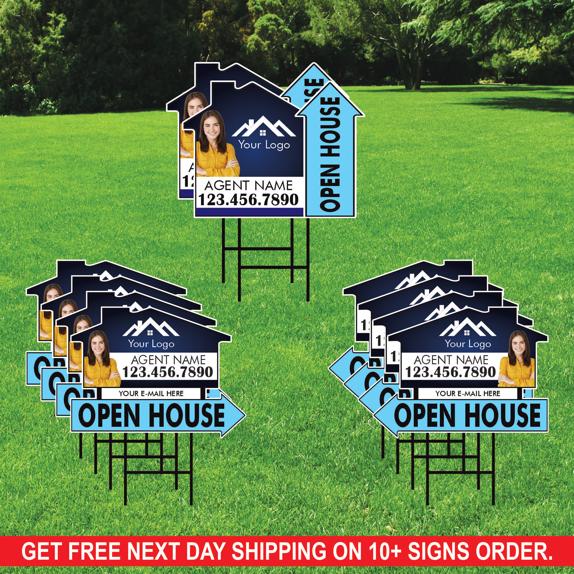 10 Pack Custom Open House Arrow Yard Sign 18" x 24", 2 Sided Add Your Text, Logo, Photo Personalized Directional Signs with Metal H-Stake