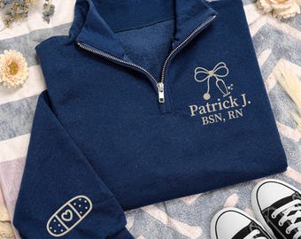 Personalized Nurse Embroidered Quarter Zip Sweatshirt, Custom RN Name Pullover, Scrub Layering Top, Hospital Shift Sweater, Gift for RN