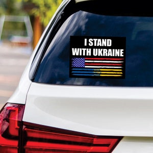 I Stand With Ukraine Sticker Vinyl Decal - We Stand With Ukraine Vinyl Sticker, Support Ukraine, Ukrainian Flag Bumper Sticker - 6&quot; x 4.5&quot;