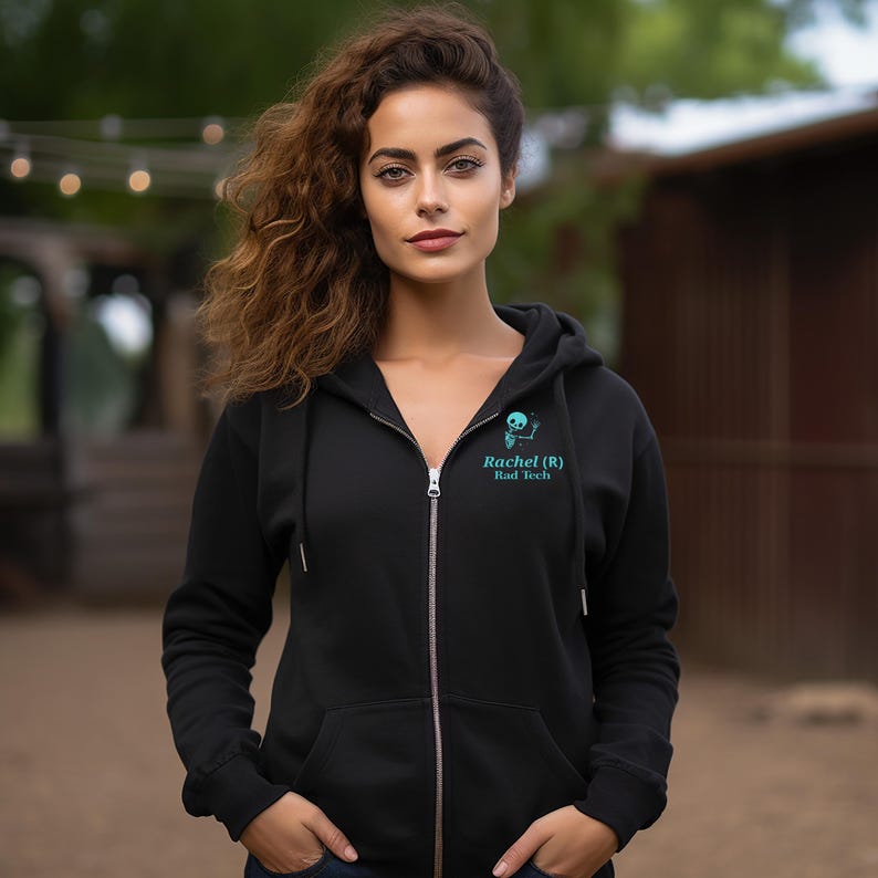 Embroidered Personalized X-Ray Zip-Up Hoodie, Radiology RT Fleece Hooded Sweatshirt, Rad Tech Hoodie, X-Ray Tech, Skeleton Radiographer Gift immagine 3