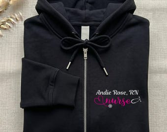Personalized Nurse Embroidered Zipper Hoodie, Custom Name Stethoscope Heart Zip Up Hoodie, Monogram Medical Gift for Women RN Staff