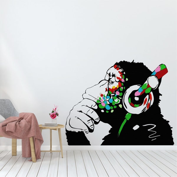 Banksy DJ Monkey Gorilla Canvas Wall Decal, Street Dj Baksy Wall Sticker, Canvas Decal Banksy Thinking Monkey Graffiti For Room Decoration