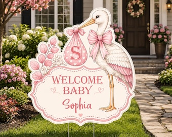 Personalized Welcome Baby Yard Sign, Custom Name Lawn Sign, Stork Baby Announcement Sign, Front Yard Baby Decor, Welcome Baby Gift