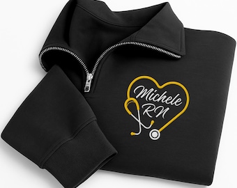 Medical Heart Stethoscope Embroidered Quarter Zip Sweatshirt, Custom Nurse Pullover, RN CNA LPN Gift, Healthcare Worker Apparel