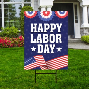 Happy Labor Day Yard Sign - Coroplast American Labor Day Sign US Flag Stars & Stripes Patriotic Happy Labor Day Yard Sign with Metal H-Stake